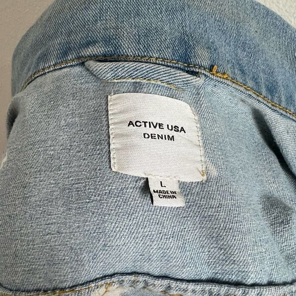 ACTIVE USA Denim Light Wash Distressed Paint Splatter Trashed Blue Jean Jacket L - Picture 5 of 6